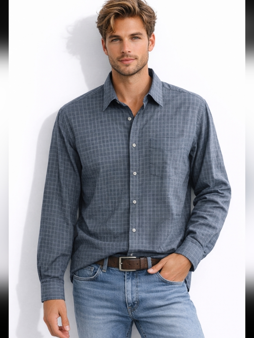 Nautica Men's Slate Blue Windowpane Button-Down Shirt (SIZE:XL)